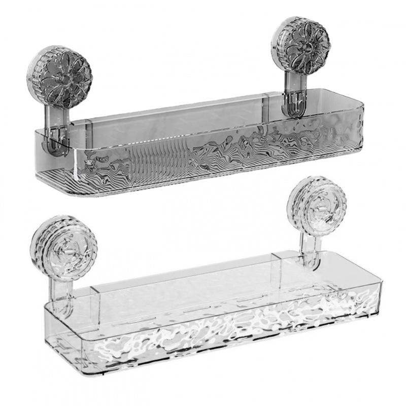 

Adhesive Wall Mounted Bathroom Storage Shelf Waterproof Plastic Designs for Cosmetics Cleaning Supplies 1