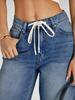 Damen High Waist Baggy Weite Beine Jeans Kordelzug Boyfriend Denim Hose