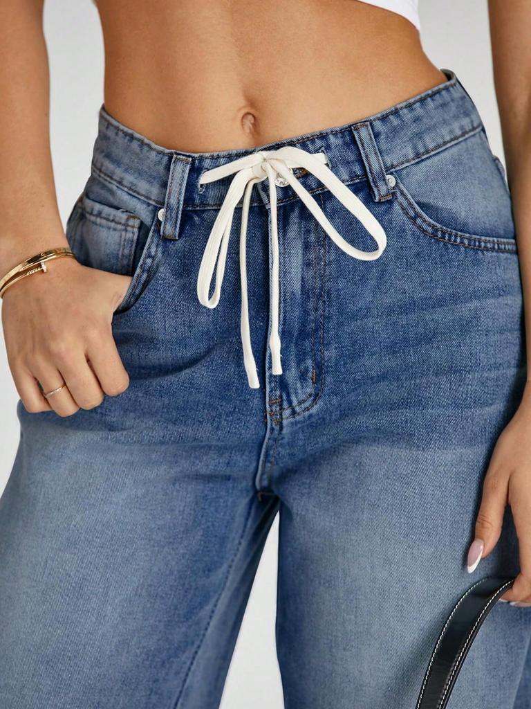 Damen High Waist Baggy Weite Beine Jeans Kordelzug Boyfriend Denim Hose