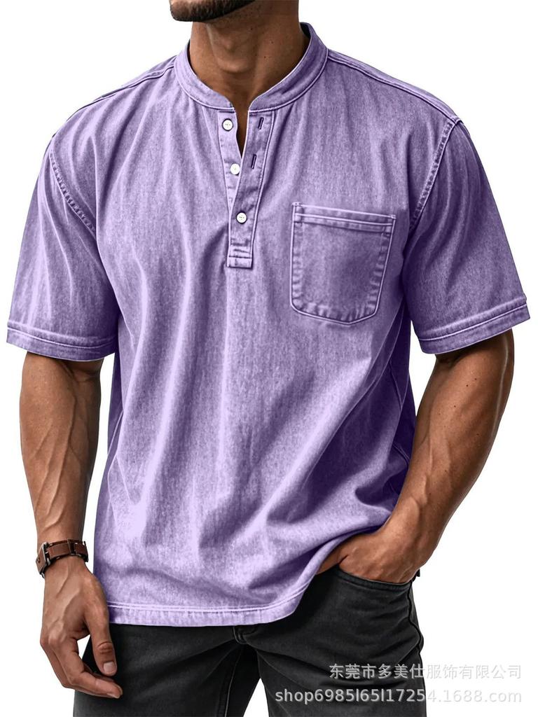 Men's Light Blue Short Sleeve Henley Shirt with Chest Pocket