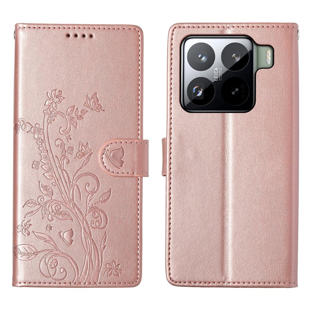 For Xiaomi 15 Pro Wallet Case Butterfly Floral Imprint PU Leather Phone Cover with Wrist Strap