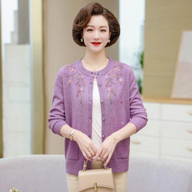 Winter Knitted Cardigan Old Lady Sweater Crew Neck Printing Loose Casual and Comfortable Women's Sweater Middle-aged Mother Autumn