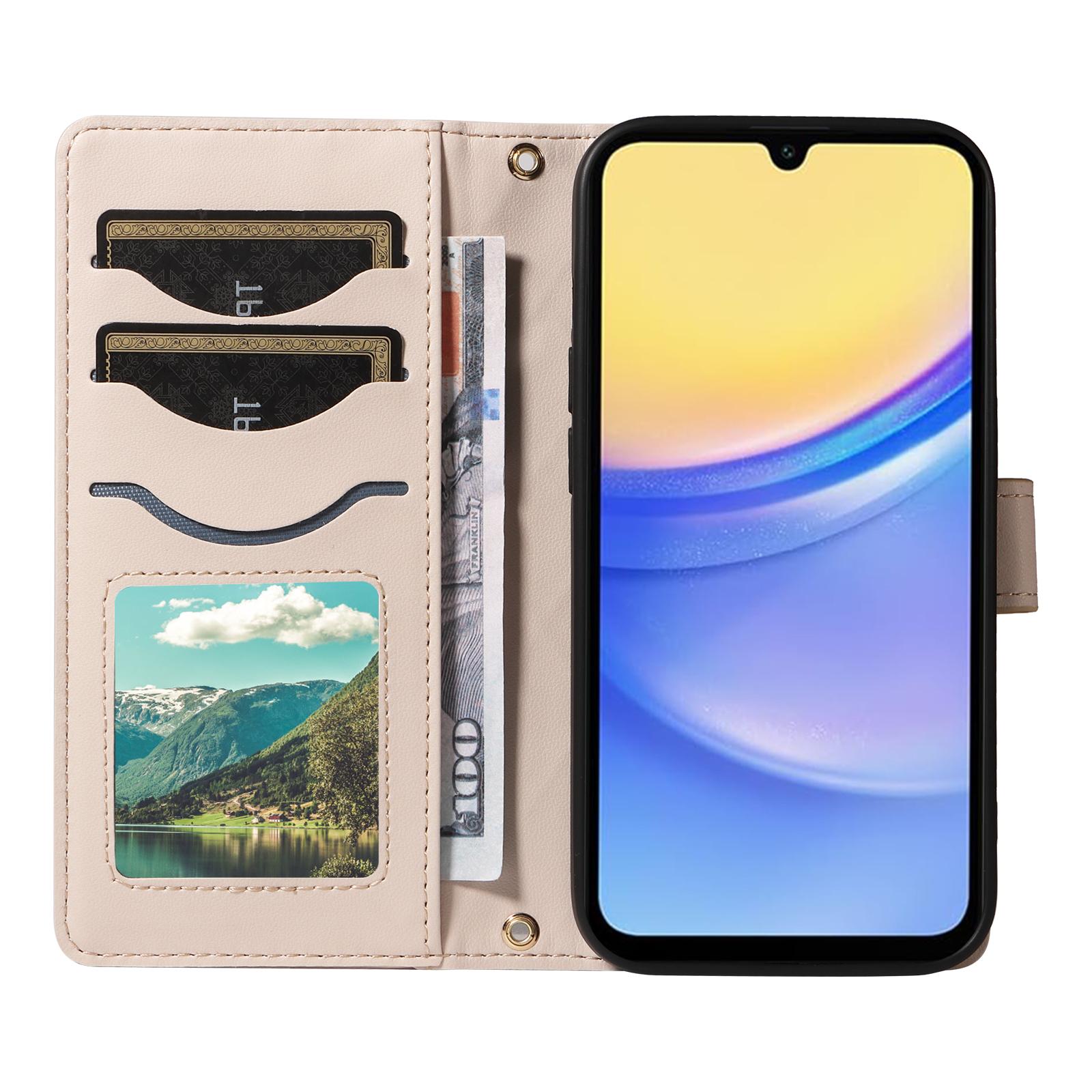 

For Samsung Galaxy A15 4G/5G Case Wallet Rhombus Leather Phone Cover with Shoulder Strap,Wrist Strap Apricot