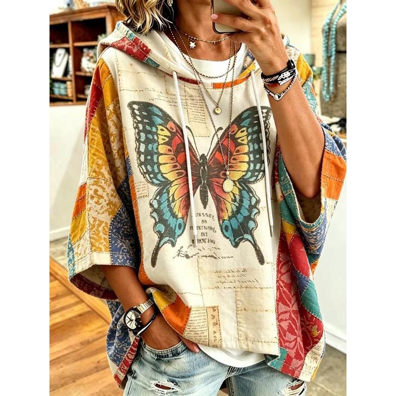 Women Three‑Quarter Sleeves Loose Hoodie Retro Floral Casual Vacation Top