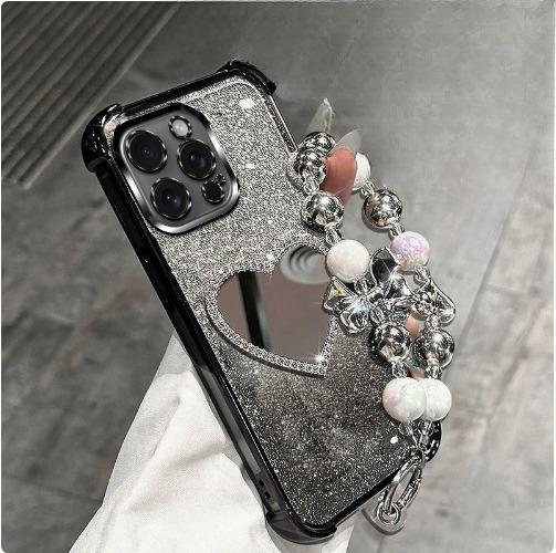 Glitter Plating Love Mirror Bracelet Case for iPhone 16 16E 15 14 Plus 13 12 Mini 11 Pro XS Max XR X Shockproof Silicone Cover