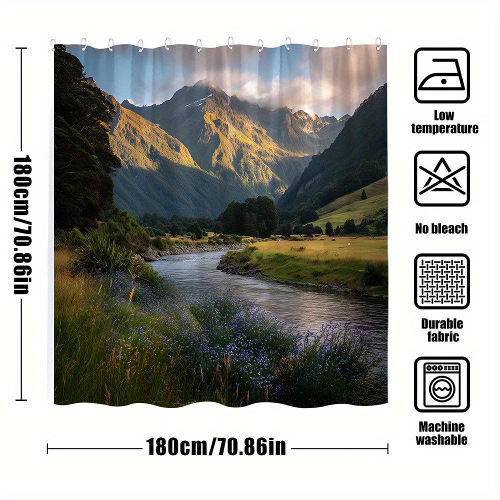 1Pc Mountain Sunset Shower Curtain - Snow-Capped Peaks, Golden River & Wildflowers Serene Landscape Photography Print, Durable