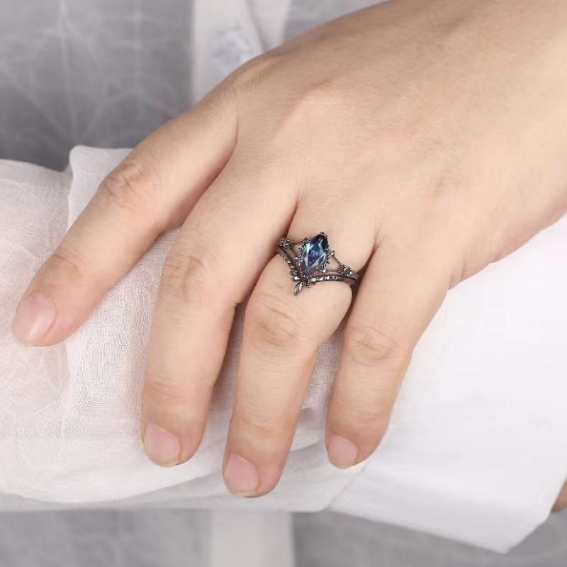 Attractive Inlaid with Blue Stone Black Color Oval Rings Set Party Rings for Women Jewelry