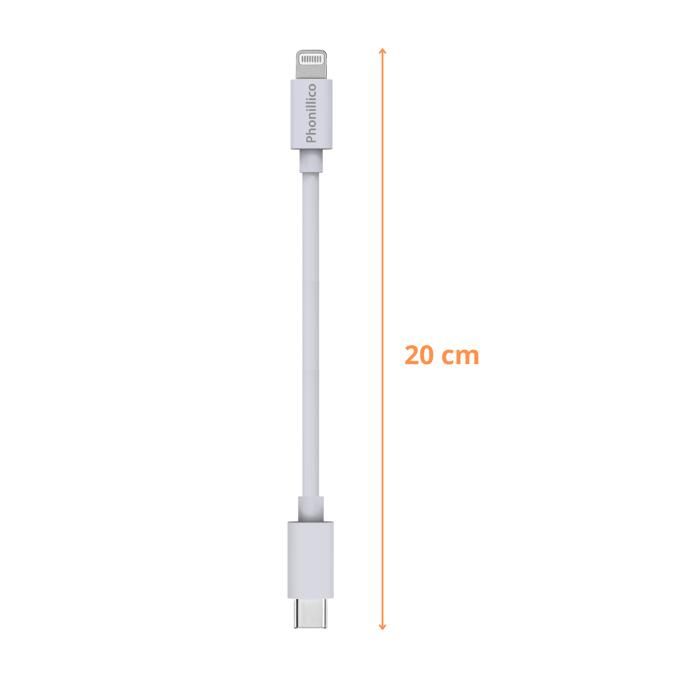 Cablu 20cm USB-C Lightning Încărcător Alb pentru iPhone 14 / 13 / 12 / 11 / SE / X / XR / 7 / 8 / 6 / 5 / AirPods Phonillico