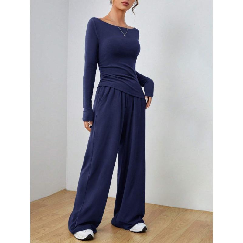 VEZFAA Women's Fashion Casual Spring Autumn Solid Color Print Long Sleeve O-Neck Trousers Pants Suits