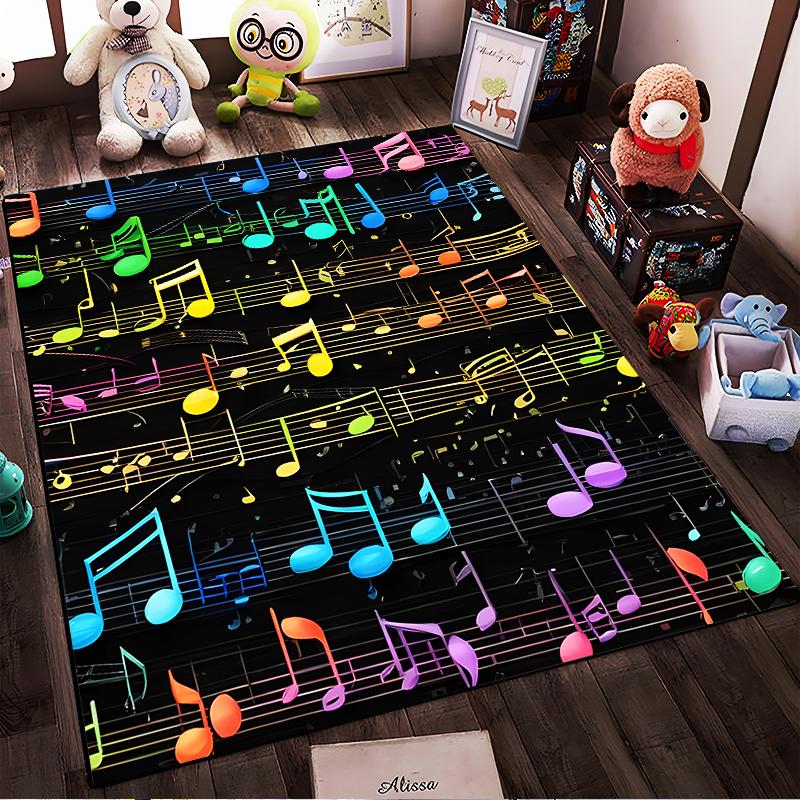 Colorful Musical Notes Pattern Carpet with Black Background for Home Decor Suitable for use as an anti-slip for living room bedroom sofas