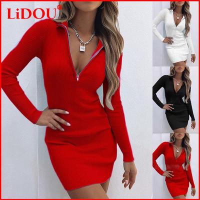 Women Spring/Autumn  Elegant Knitted Dress Sexy Zipper Deep V-neck Solid Bodycon Pencil Party Vestido Mini Dress Female Casual