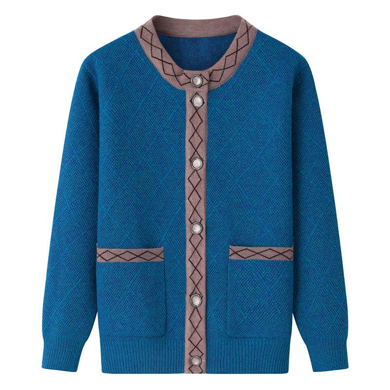 Women's Fleece-Lined Knitted Cardigan for Autumn/Winter - Ideal for Middle-Aged and Elderly.