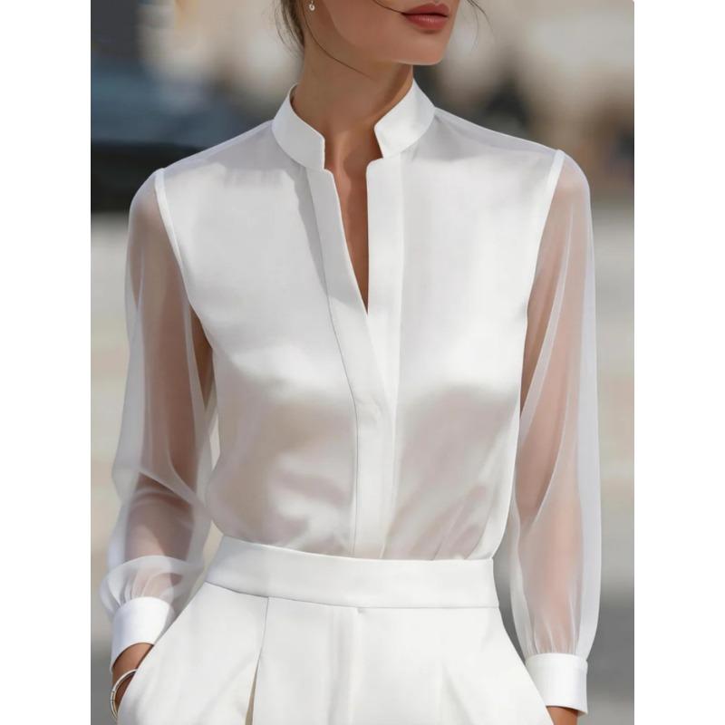 TIFICY Damenmode, lässig, Frühling und Herbst, einfarbig, langärmelig, V-Ausschnitt, Blusen und Hemden