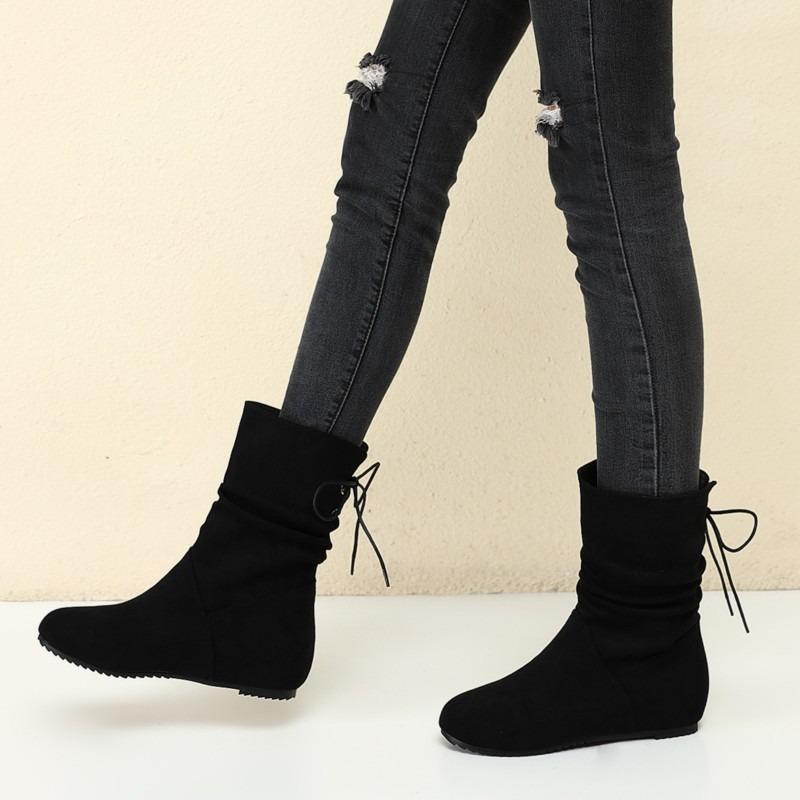 Large Size Stacking Boots Women's Autumn and Winter New Medium Boots Retro Solid Color Simple Lace-up Cotton Boots