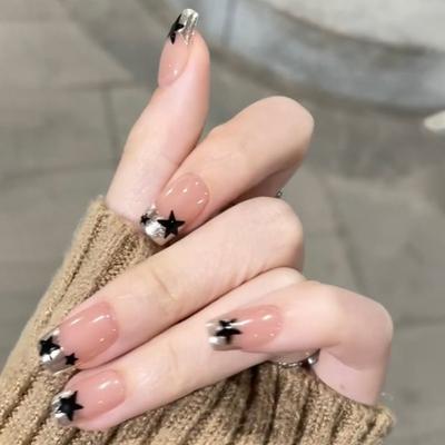 24Pcs Press On Nail Square Fake Nail with Star Designs False Nail Glues On Nail Cute Glossy Artificial Nail for Womens