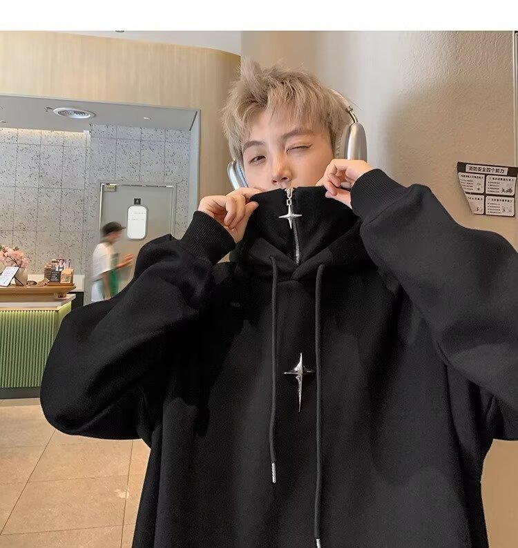 Men's Winter Thick Velvet High-Neck Oversized Hoodie - Trendy American Style