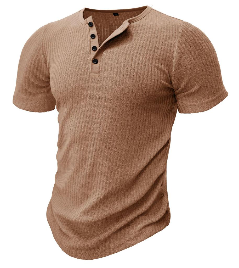 Men's Slim Fit Henley T-shirt: European & American Sports Style, Ribbed, Elastic, Short Sleeve, Solid Color