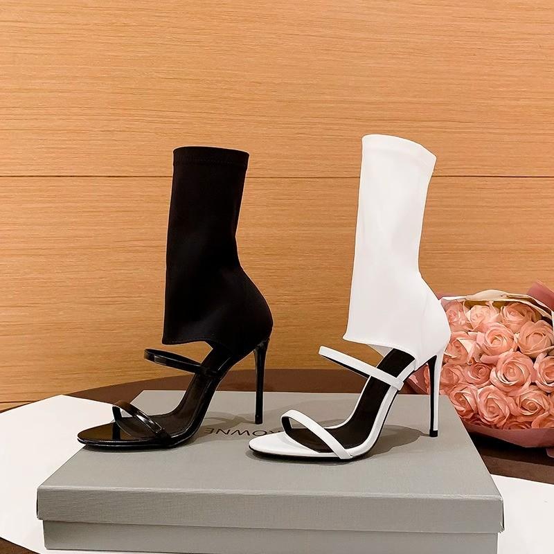 Fashion 2025 Fashion Sexy Sandals Boots Women Ankle Boots Pointed Thin High Heel Flock/PU  Chelsea Black White 34-41  Luxury Sandals