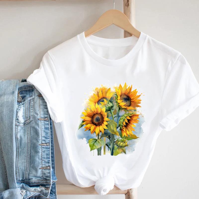 (European Size)  90s Print Tee Women Peace Flower Trend Cute Top Clothing Fashion T-shirt Lady Female Casual Short Sleeve Graphic T-shirt