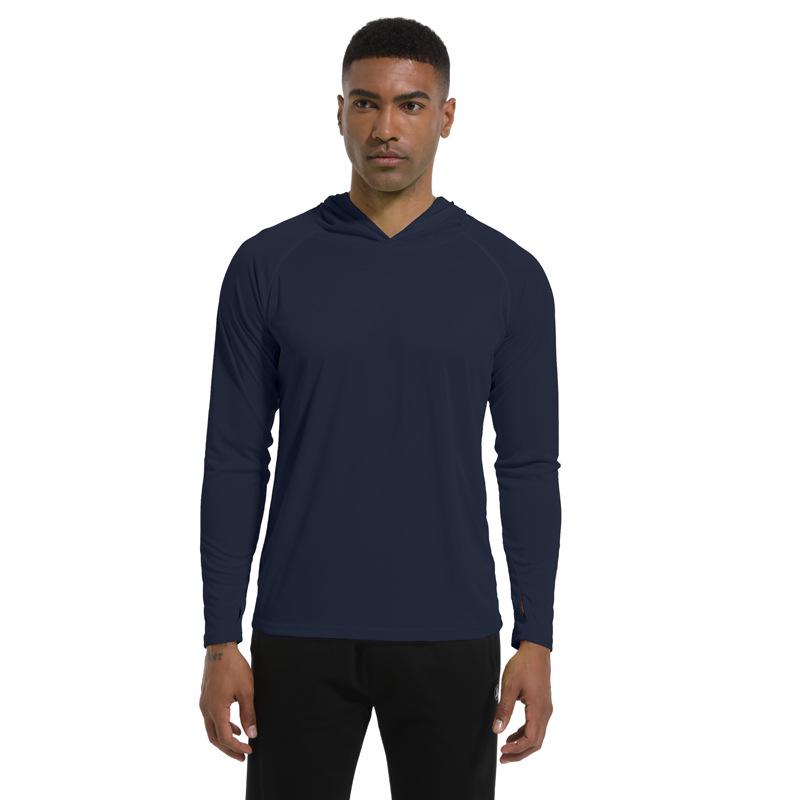 Men's UV Protection Hooded Slim Fit Sun Shirt, UPF50+, for Summer Outdoor Activities Like Beach, Hiking, Climbing, and Fishing.