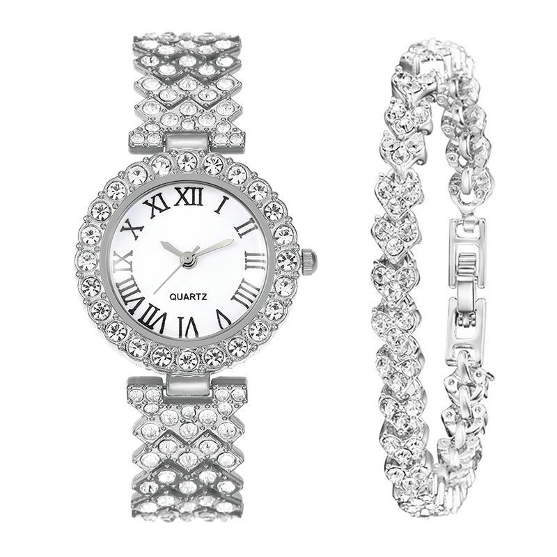 

2 шт. Роскошные элегантные часы из нержавеющей стали со стразами | Минималистичные модные кварцевые часы с браслетом, полностью инкрустированным стразами | Подарки на Ид