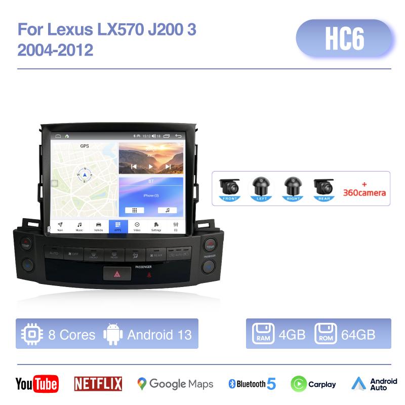 10.4inch For Lexus LX570 J200 3 2004-2012 GPS Navigation Stereo  Car Radio Multimedia Player Android13 Auto Carplay 4G 360camera