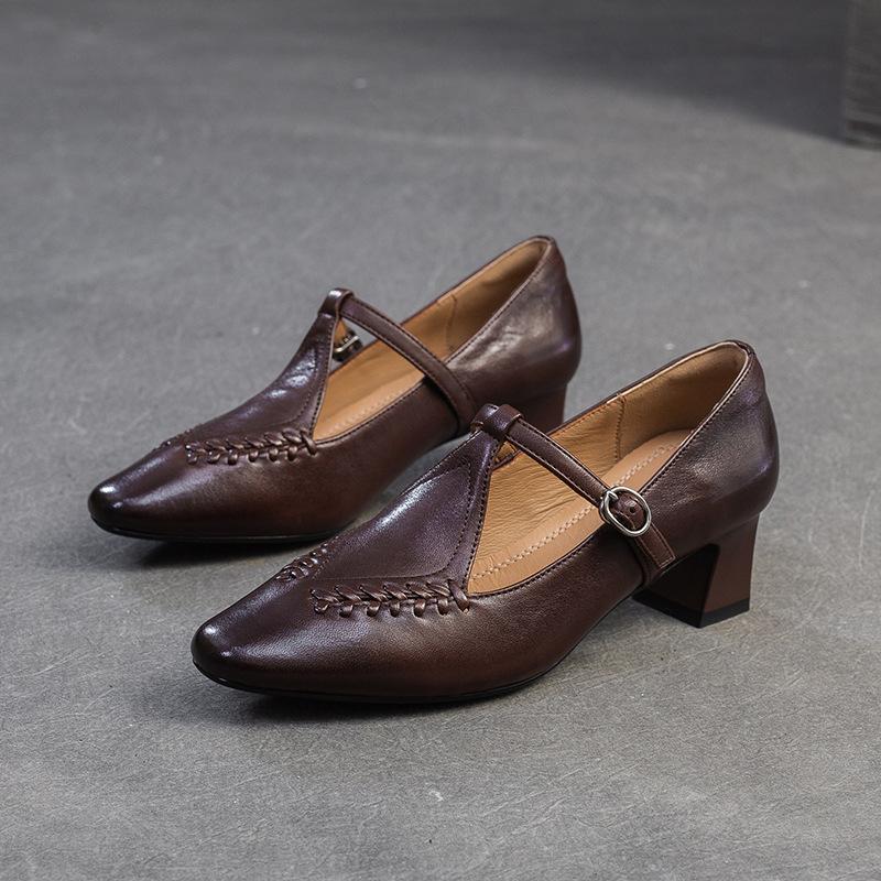 

Туфли на каблуке Mary Jane в стиле ретро от Johnature. Туфли-лодочки из натуральной кожи. Удобные элегантные женские туфли с острым носком. 37