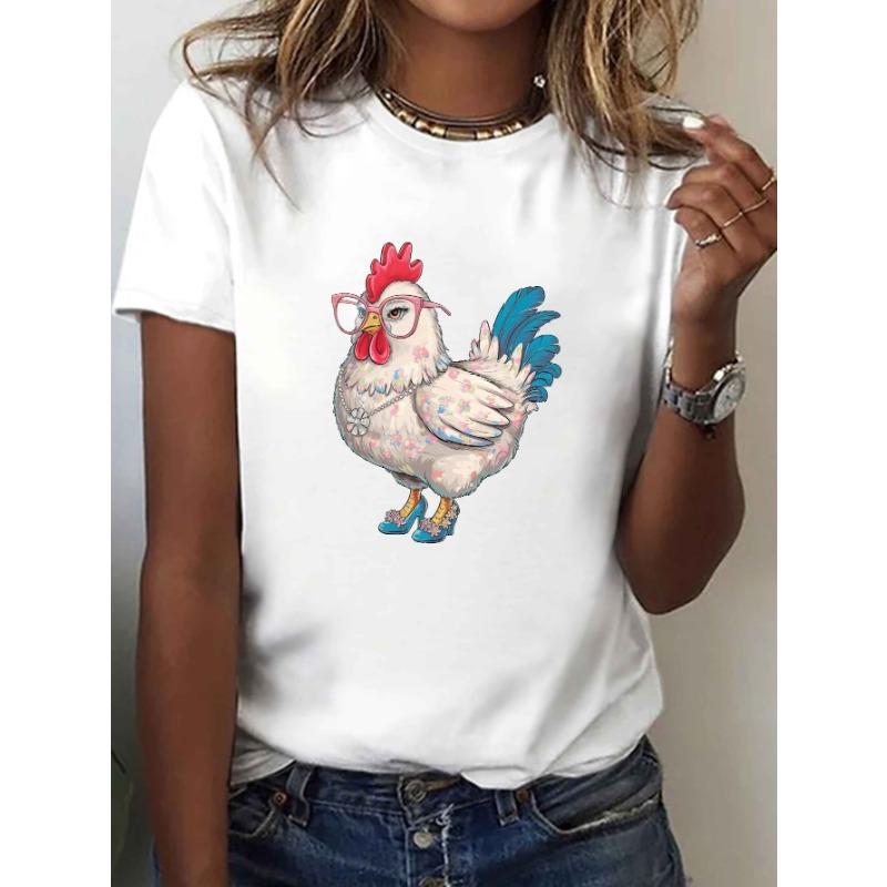 

Funny Chicken with Glasses T Shirt Women Short Sleeve Casual Top Cute Farm Animal Graphic Comfort Soft Fabric for Everyday Wear XL