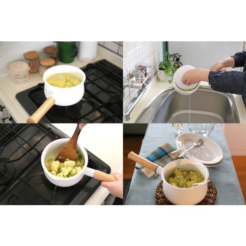 Fuji Enamel Milk Pan with Lid, 15cm, 1.2L, Induction Compatible, White, Long Handle, Enamel Saucepan