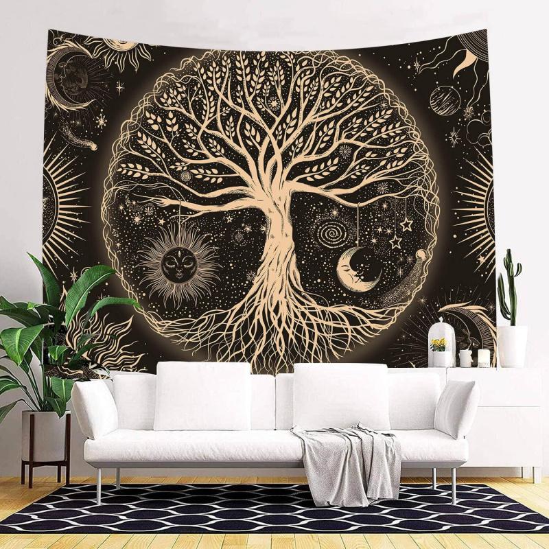 VIKAMA Sun Moon And Stars Tree Of Life Tapestry Ambient GalaxyStyle Wall Decoration Living Room And Bedroom Decorative Hanging