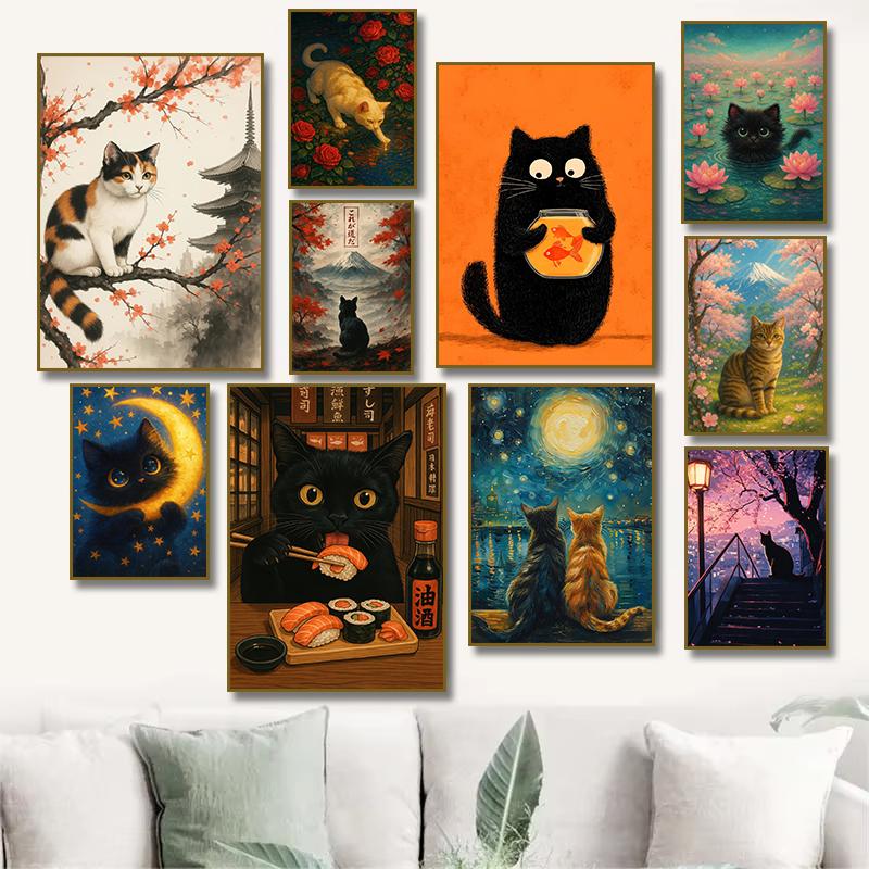 Black Cat Reading in Cozy Bed Orange Cat Cherry Blossom Lotus Landscape Canvas Painting Print Wall Art Picture Room Home Decor
