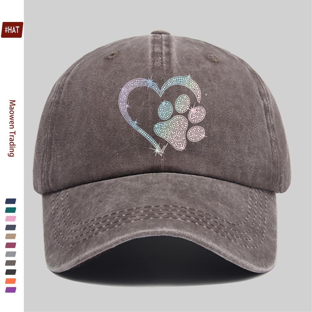 pc Gradient Hot Drilled Heart Dog Paw Print Baseball Cap Casual Design Decorative Hat Comfortable Lightweight Headwear Adjus