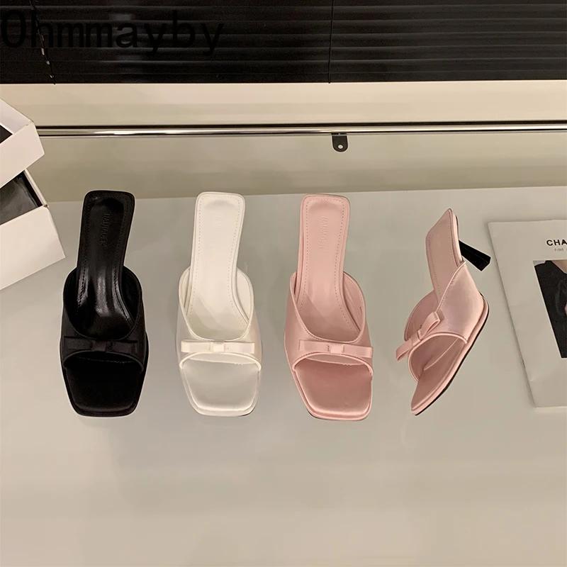 Designer High Heel Women Slippers Fashion Butterfly-knot Slides Ladies Outdoor Dress Sandal Summer Women's Shoes