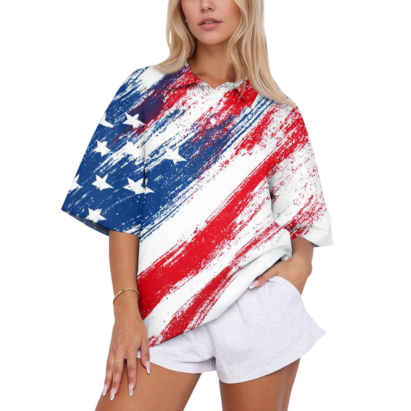 

Women’s Casual Loose Fit Polo Collar Top with Flag Print Short Sleeve Button Down Blouse for Daily Wear and Outdoor Activities XXL Кіновар