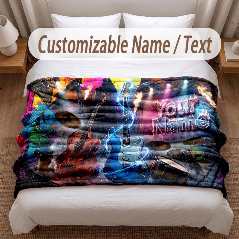 Music Guitar Theme Soft Blanket Personalized Custom Name Text Print Warm Blanket Home Sofa Bedroom Decor