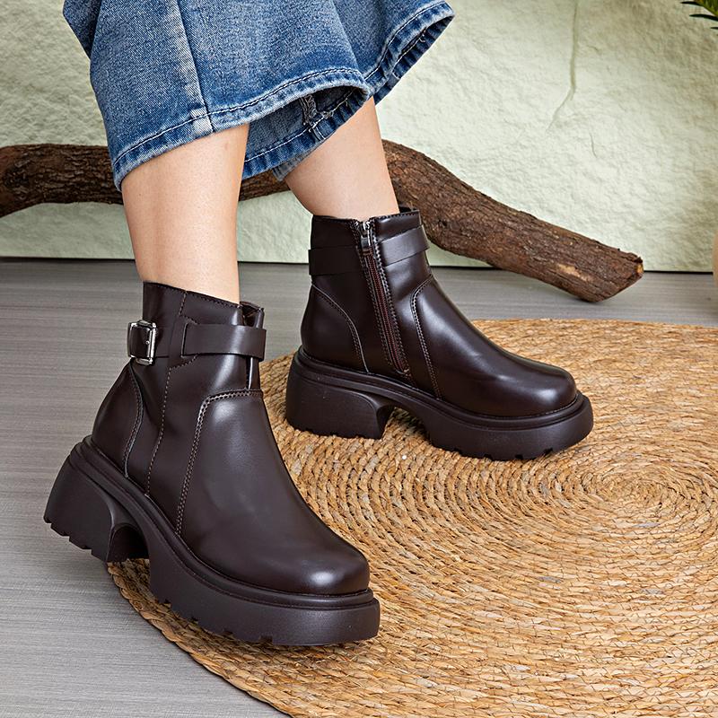 Petite Thick-Soled Women'S Autumn Winter New Chelsea Boots British Style Faux Leather Motorcycle Short Boots With Fleece
