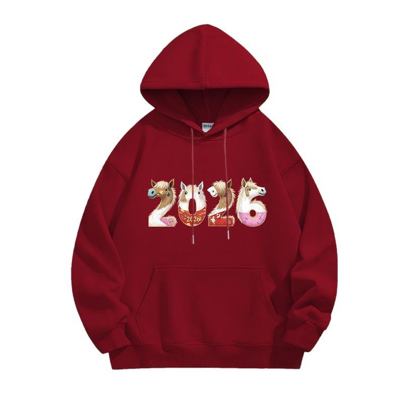 Unisex Year of the Horse 2026 Hoodie: Red Velvet Festive Youth Jacket