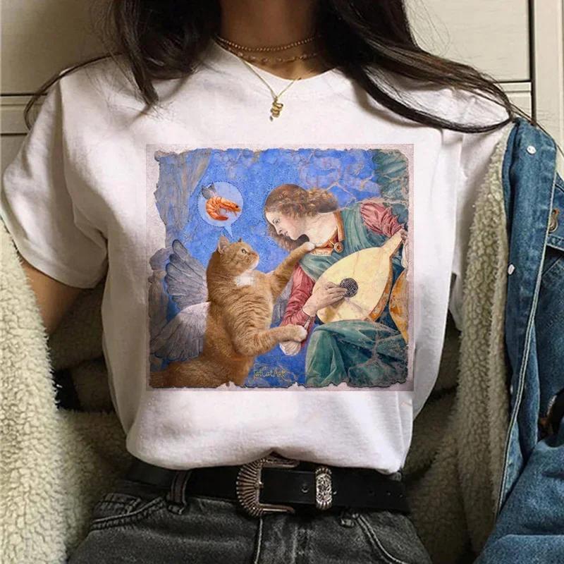 T-shirts Women Cat Oil Painting Printed Funny Graphic Tee Shirt Summer Short Sleeve Casual White Tops Harajuku Clothing