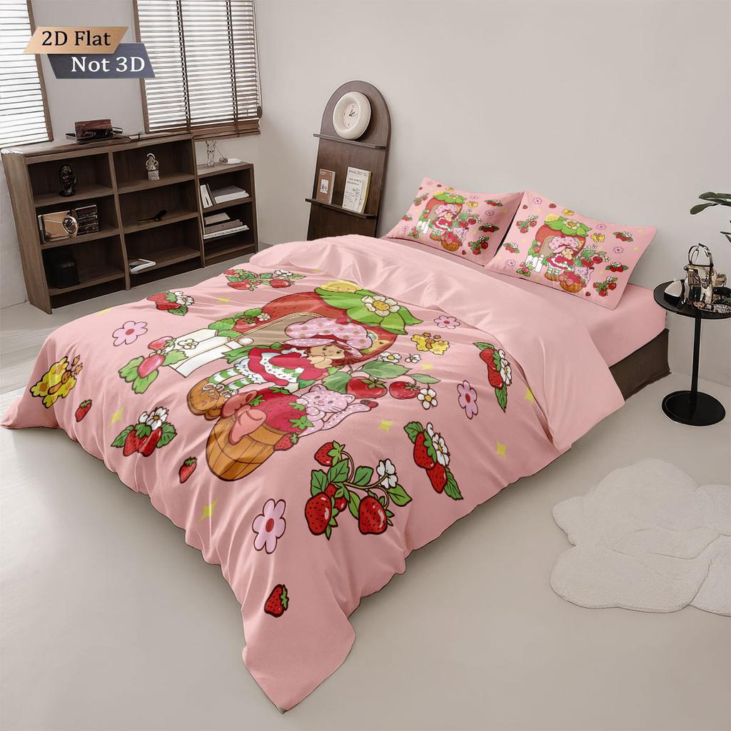 3Pcs Pink Strawberry Cake Girl Print Coreless Duvet Cover Set Multi Size Bedroom Bedding Decoration Comfortable Machine Washable