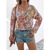 Women V Neck Boho Paisley Print Long Sleeve Blouse Multi Color Ethnic Loose Fit Summer Vacation Casual Top