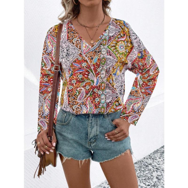 Women V Neck Boho Paisley Print Long Sleeve Blouse Multi Color Ethnic Loose Fit Summer Vacation Casual Top