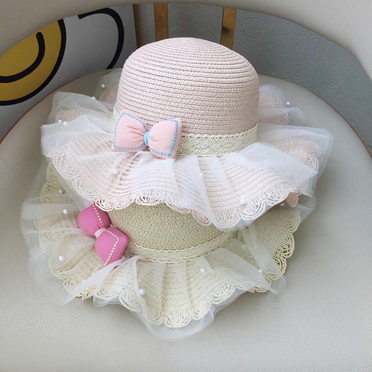 Girls Straw Hat With Pearl Bow And Mesh Wide Brim Wavy Edge Sun Protection Beach Summer Cap For Kids