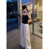 In stock at real price, pure desire style, sexy black slim-fit tube top, white loose wide-leg pants set, polyester.