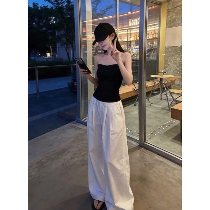 In stock at real price, pure desire style, sexy black slim-fit tube top, white loose wide-leg pants set, polyester.