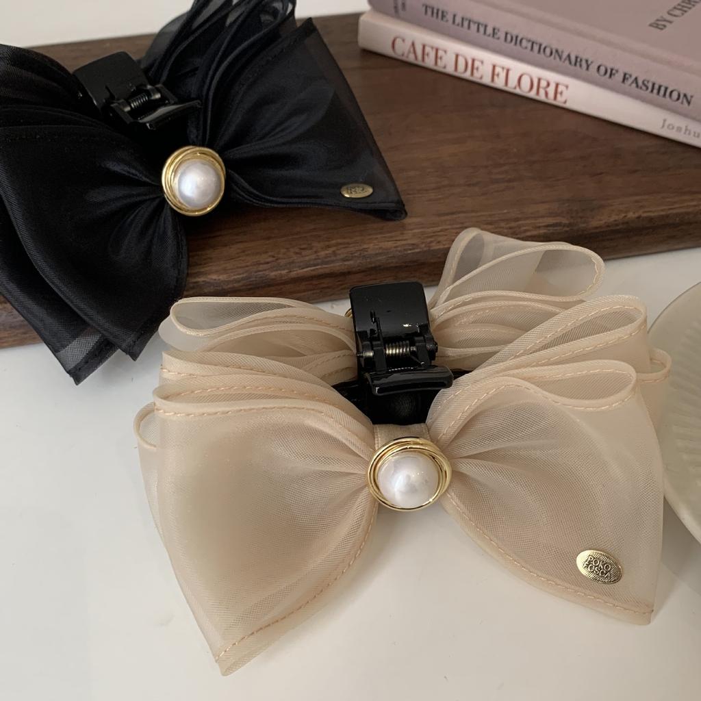 Korean Version of Pearl Mesh Bow Hairpin Simple Light Luxury Large Grab Clip Small Fragrance Versatile Shark Clip Hair Accessories