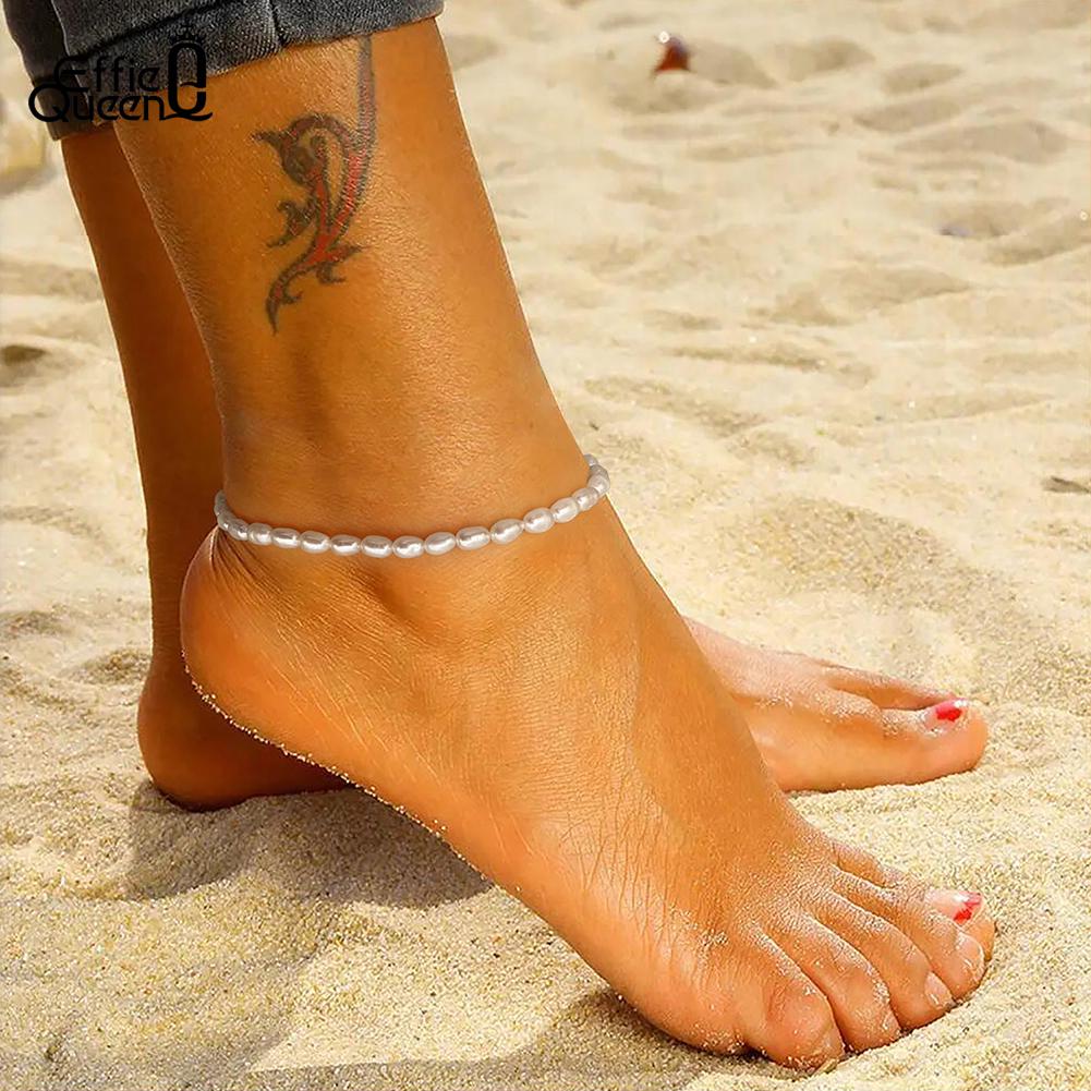 Effie Queen Natural Freshwater Pearls Beaded Chain Anklet Foot Accessories Simple Handmade S925 Silver Party Jewelry Gift SA38