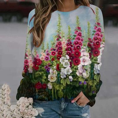 Moda Primavera e Autunno 3D Dipinti ad Olio Stampati Manica Lunga T-Shirt Donna Floreale Pullover Harajuku Abbigliamento Donna Top
