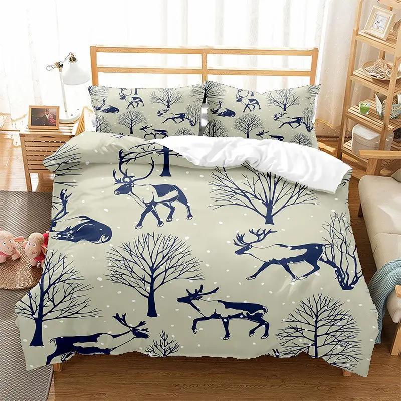 Elk Print Comforter Cover for Kids Boys Girls,Cute Christmas Elk Duvet Cover King Queen Merry Christmas Polyester Quilt Cover