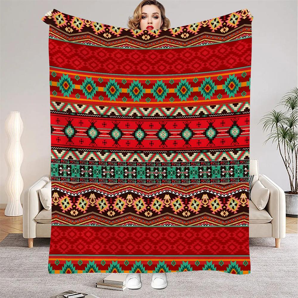 Boho Aztec Flannel Blanket Red Tribal Geometric Pattern Soft Cozy Throw For Sofa Bed Home Decor Warm Winter Gift