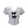 Spice Girl Bow Striped Short Sleeve Shirt Women's Summer Lace Splicing Doll Collar Design Sense Short Skirt Fashion Suit